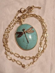 Vintage Fossil Brand Dragonfly Pendant Necklace Blue Stone Bohemian Charm Y2K