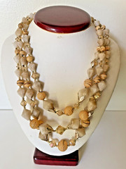 Vintage Beaded Necklace Hong Kong Gold Tone Sugared 3 Strand 20″ signed Sugar