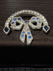 Antique R-F Silver Tone Blue Rhinestones Bow Ribbon Arch Brooch Locking Pin