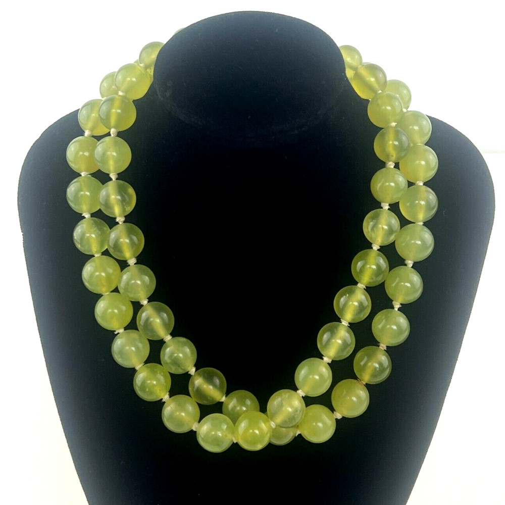 Vintage Prehnite Necklace Green Gemstone Jewelry Natures Art Hand Knotted ~26”