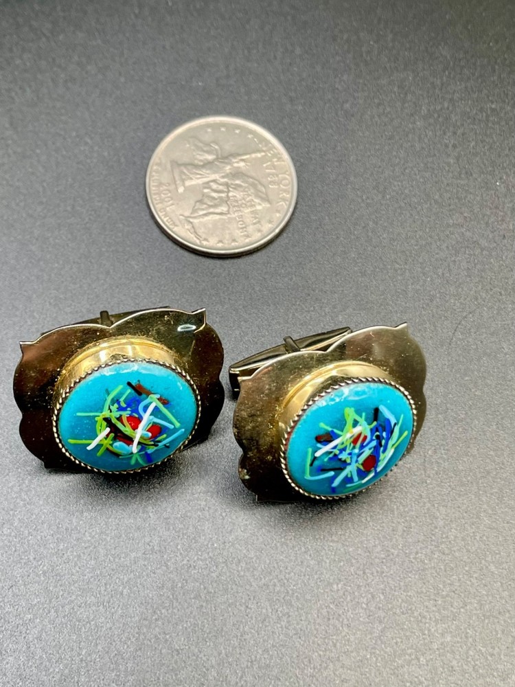 Vintage Mid Century Murano Millefiori Art Glass Scalloped Gold Tone Cufflinks