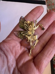 ADORABLE & UNUSUAL VINTAGE FAIRY CHARM WITH RHINESTONES & PLASTIC WINGS BROOCH