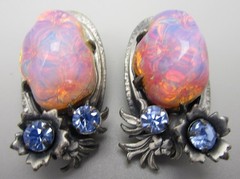 LOVELY VINTAGE SILVERTONE FAUX FIRE OPAL NECKLACE BRACELET EARRINGS SET -GERMANY