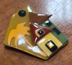 Vintage House Pins by Lucinda Green Home Palm Tree & Moon in Sky Pin / Brooch