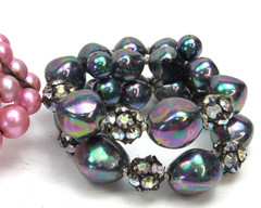 3 Vintage Beaded Stretch Cuff Bracelets Lot Pink Iridescent Rhinestone