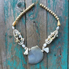 Vintage Artisan Pendant Necklace 24 Inch Carved MOP Shell Beaded Beachy Chunky