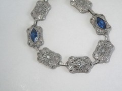 Art Deco Sterling Silver Sapphire Paste Filigree Station Antique Bracelet 7.5″