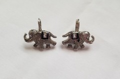 Vintage Elephant Earrings AB Crystals Black Enamel Silvertone Trunk Up Good Luck