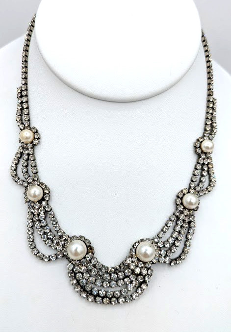 Vintage Rhinestone Necklace Glass Pearl Draped Formal Wedding 14-17in