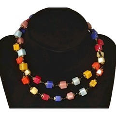 Vintage 1960″s Square Art Glass Beads Bohemian Necklace Multi Color Strand