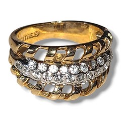 Vintage 18K HGE CZ Rhinestone Cocktail Ring Size 6 Gold Tone Wide Band Estate