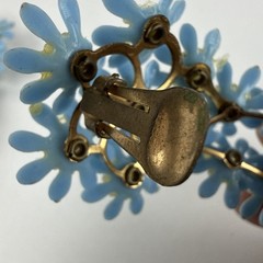 MCM Plastic Earrings Climbers Half Moon Clip On Blue Floral Rhinestone 3” Vtg
