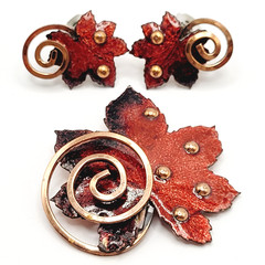 Vintage Matisse Leaf Brooch and Clip On Earrings Copper Enamel Vintage 1950s Set