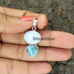 Natural White Opal And Turquoise Stone Silver Unique Pendant Necklaces
