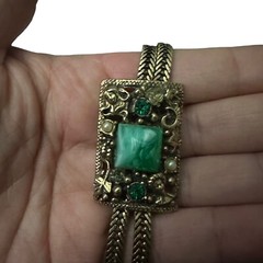 Vtg Selro Selini Necklace Jeweled Slide & Figural Faces Herringbone Chain 25”