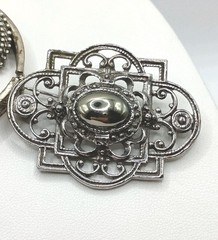 Vintage Silver Tone Filigree Hinged Bracelet Clip Earrings Brooch Set