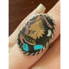 Vintage Sterling Native American Coin Gemstone Mosaic Inlay Ring Size 5.25
