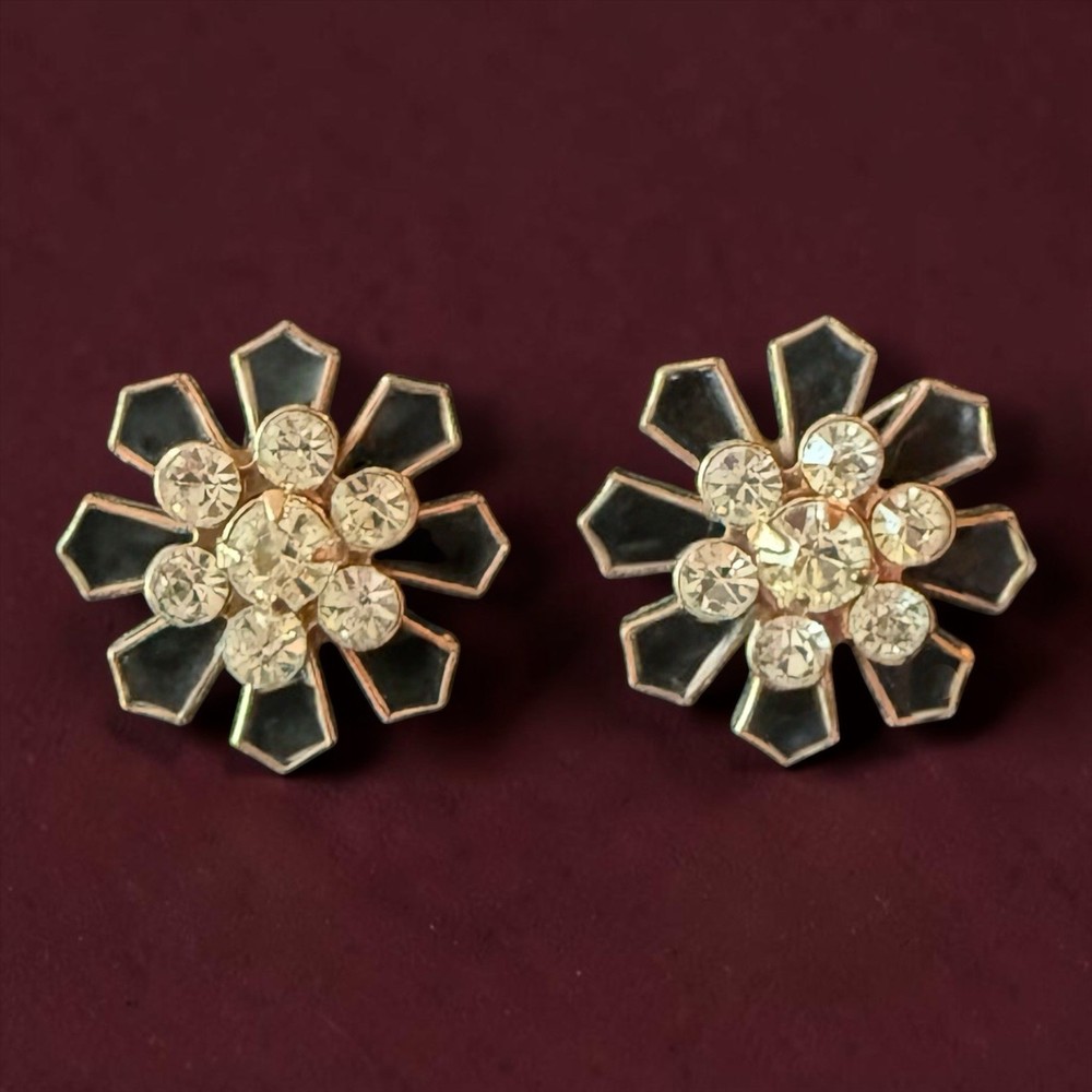 Art Deco Rhinestone Earrings Black Enamel Screwback Cogwheel Vintage