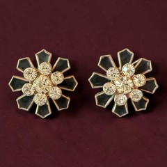 Art Deco Rhinestone Earrings Black Enamel Screwback Cogwheel Vintage