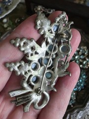 Stunning Vintage Pot Metal 1930s Lucite Faux Moonstone And Rhinestones Brooch