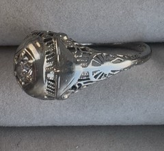 Ring-Antique, Art Deco, White Gold, Diamond, Old Mine Cut, Vintage Filigree
