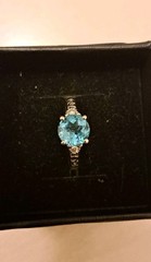 Petite 14k Solid White Gold Natural Blue Topaz and Diamond Ring Size 5