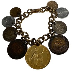 Vintage 1960″s British Coin Charm Bracelet Gold Tone Link Chain 9 Charms 6″