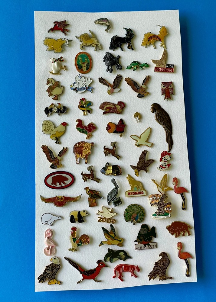 Extensive collection 55 vintage Animal lapel pins Birds Eagle Rabbits Unicorns