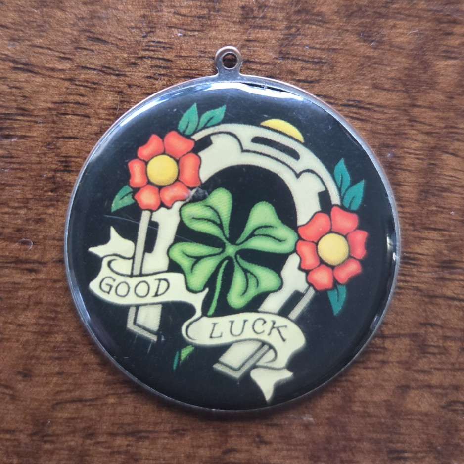 Vintage Round Good Luck Shamrock Horseshoe Pendant