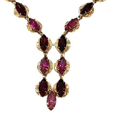 Red Pink Marquise Shape Rhinestone Gold Tone Necklace Negligee Lariat Vtg