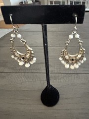 Vintage White Chandelier Earrings On Silver Tone Metal 1 .5 Inches Long