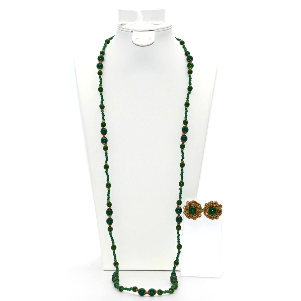 Signed Miriam Haskell 36″ Green Glass Bead Opera Necklace & Clip Earrings Set