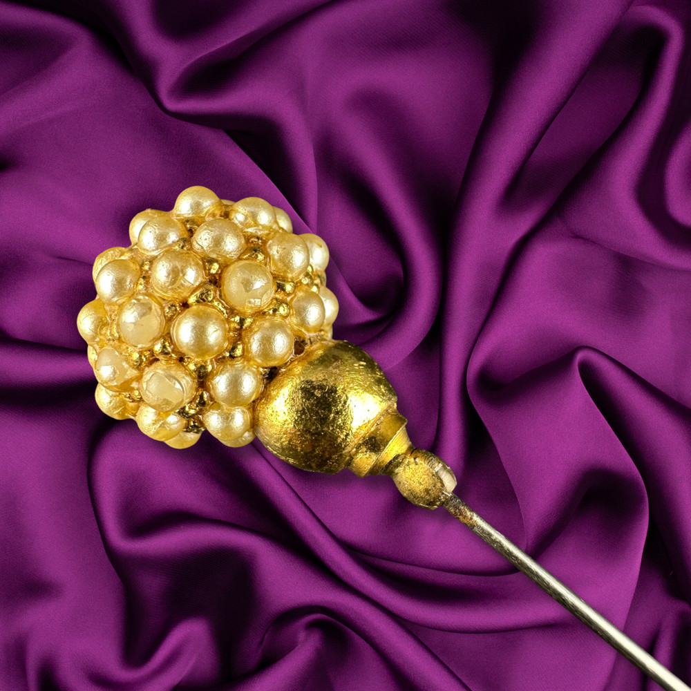 Vintage Hat Stick Pin Gold Tone Faux Seed Pearl Cluster Studded Head 4.25″