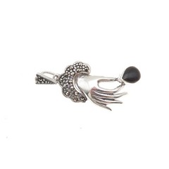 935 Silver Vintage Real Black Onyx & Marcasite Hand Oxidized Charm Pendant
