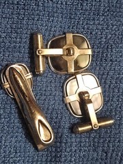 Vintage DECO Cufflinks & Tie Bar Clip Sterling Silver BLACK HEMITITE STONE
