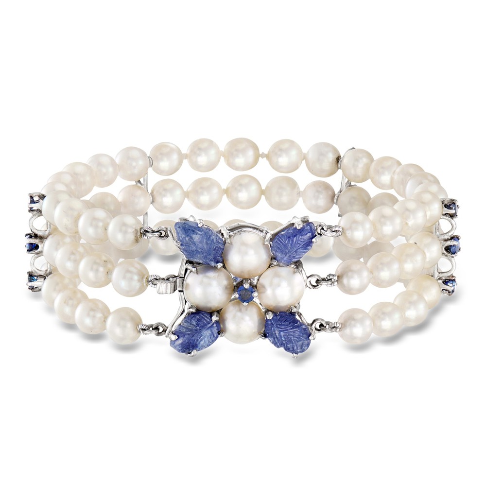 Vint 5.7-7.5mm Cult Prl & Sapphire Floral 3-Row Brclt in 14k White Gold 7 inches