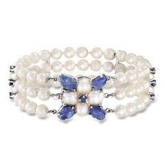 Vint 5.7-7.5mm Cult Prl & Sapphire Floral 3-Row Brclt in 14k White Gold 7 inches