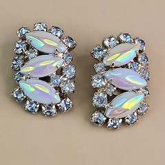 Vintage Rhinestone Clip On Earrings Blue AB Marquise Silver Tone 1.25″