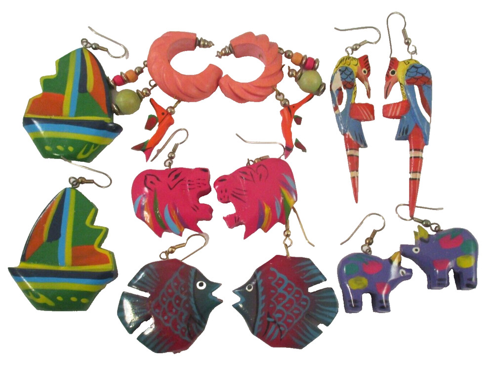 6 Pair Vintage FUN KITSCHY PAINTED WOOD ANIMAL FISH BIRDS BOAT DANGLE EARRINGS