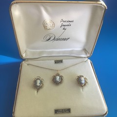 1/20 12 KT GOLD FILLED Vintage Necklace & Earring Blue Cameo Set By Donna In Box