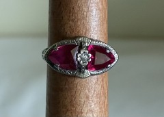 Antique Art Deco 14K ADR White Gold Synthetic Ruby Filigree Marquise Ring Sz 6.5