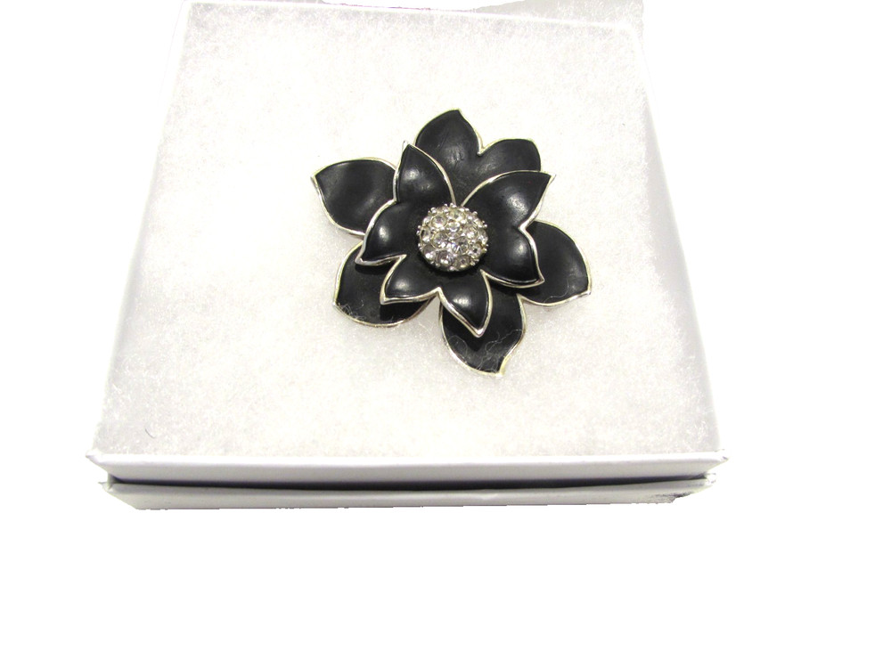 Vintage Rare Designer Pinnino Black Enamel Rhinestone Layered Flower Brooch