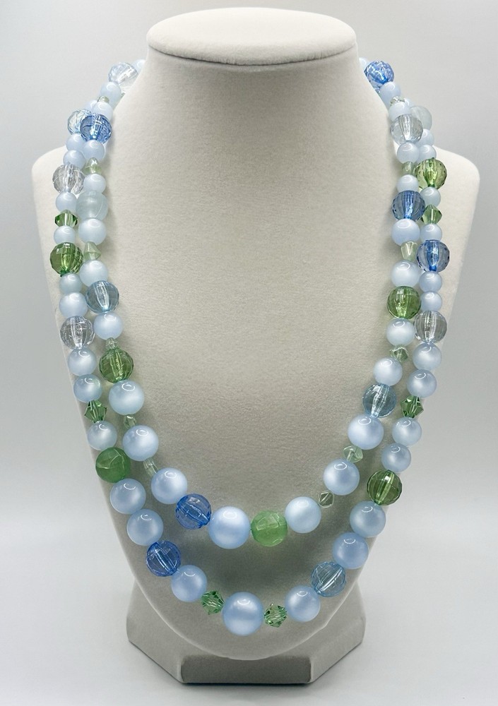 Vintage Moon Glow Blue Green Necklace Layered Lucite Acrylic Glass Beads 21-24”