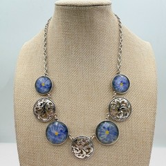 Vintage 90s Silver Tone Blue Flower Glass Cabochon Classic Fashion Jewelry Set