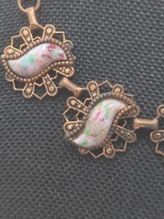 Copper Bib Necklace Turquoise Tone Lucite Cabochon Sparkle Glitter Vintage