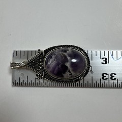 Vintage Imitation Amethyst Pendant Oblong 2 ” Silver Tone Metal