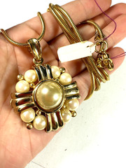 Vintage Necklace Simulated Pearl Puffy Pendant Ribbed Long Chain White Bead