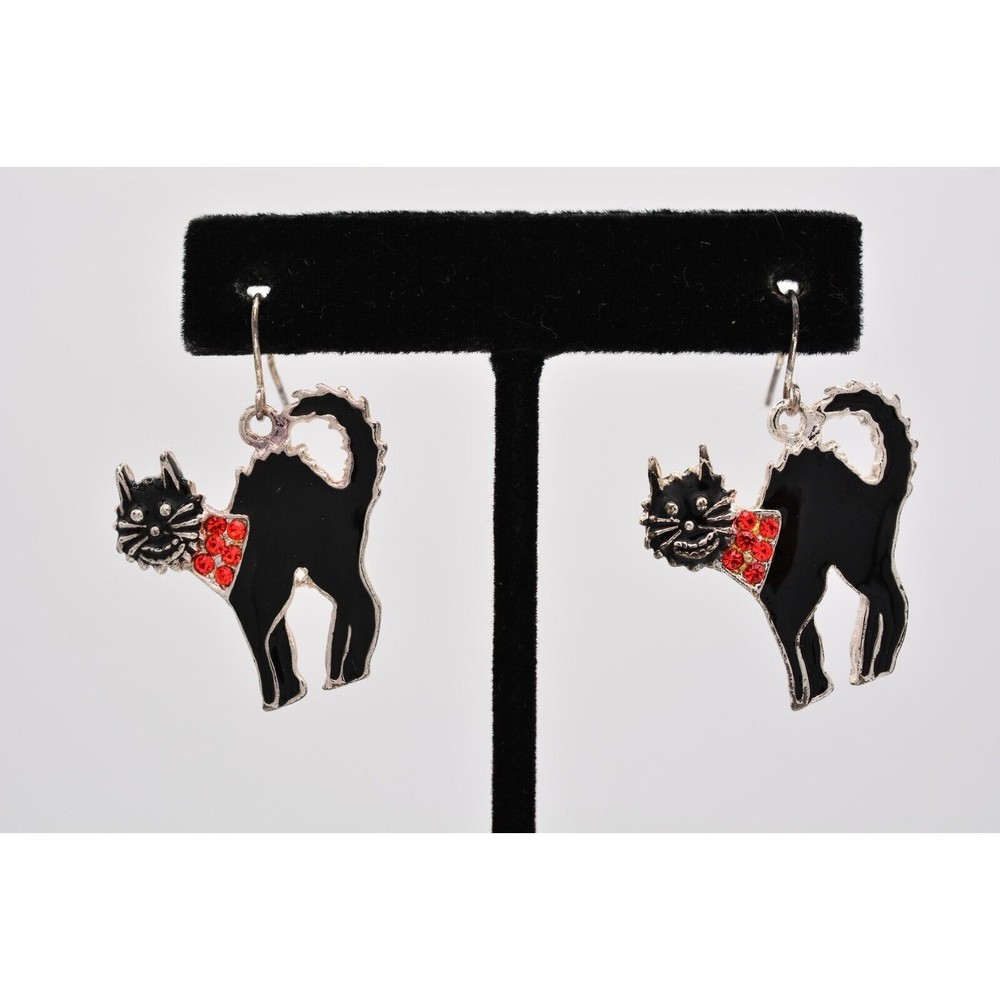 Vintage Black Cat Earrings Halloween Orange Rhinestone Crystal 1990s BinAZ