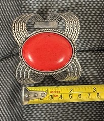 Southwestern Style Red Coral Silver Tone Rope Design Cuff Bracelet