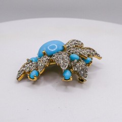 Jomaz Mazer Blue & White Rhinestone Gold Flower 2″ Brooch Pin Signed HTF